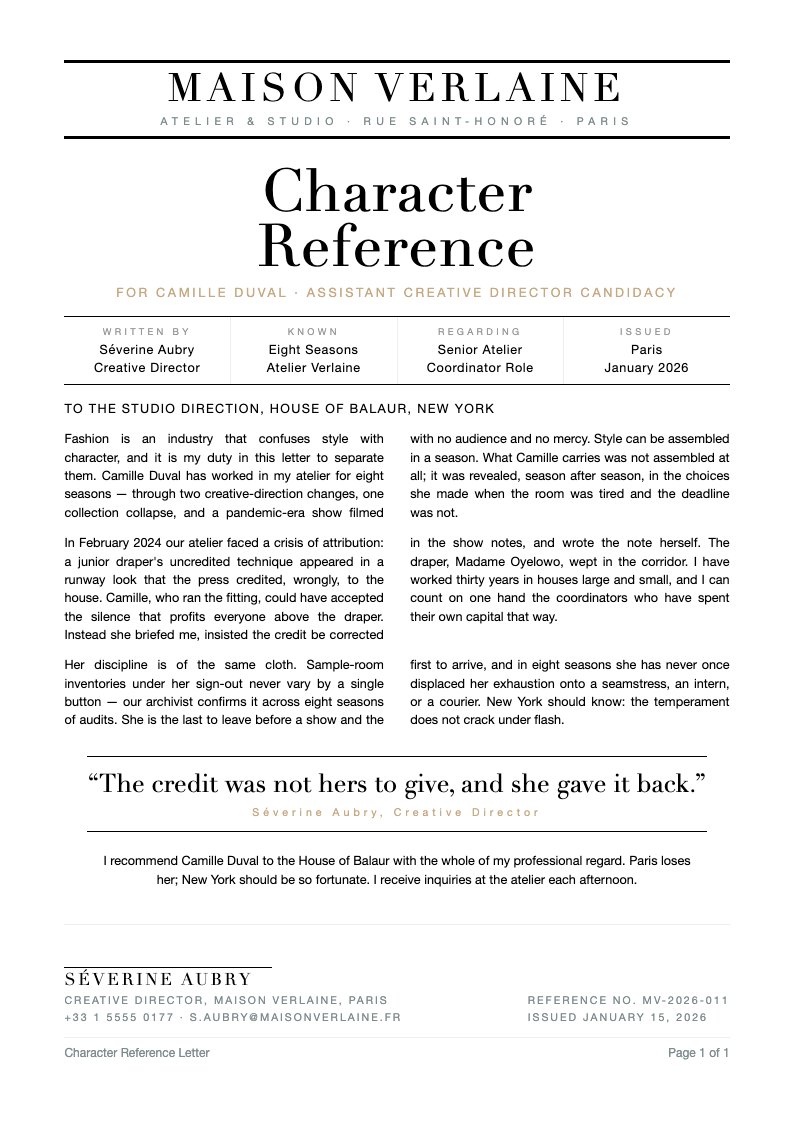 Fashion lookbook character reference letter